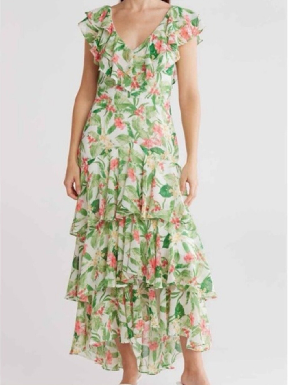 WAYF Floral Ruffled Tiered V-Neck Maxi Dress Hisbicus Flower Size XS -NWT